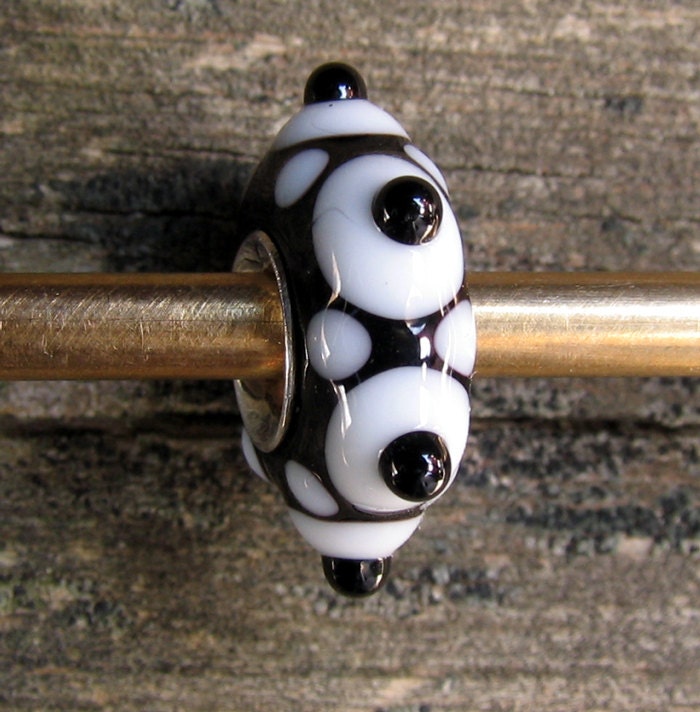 Handmade Lampwork Black and White Big Hole Glass Bead Jewelry Charm - Fits Most European Charm Bracelets.