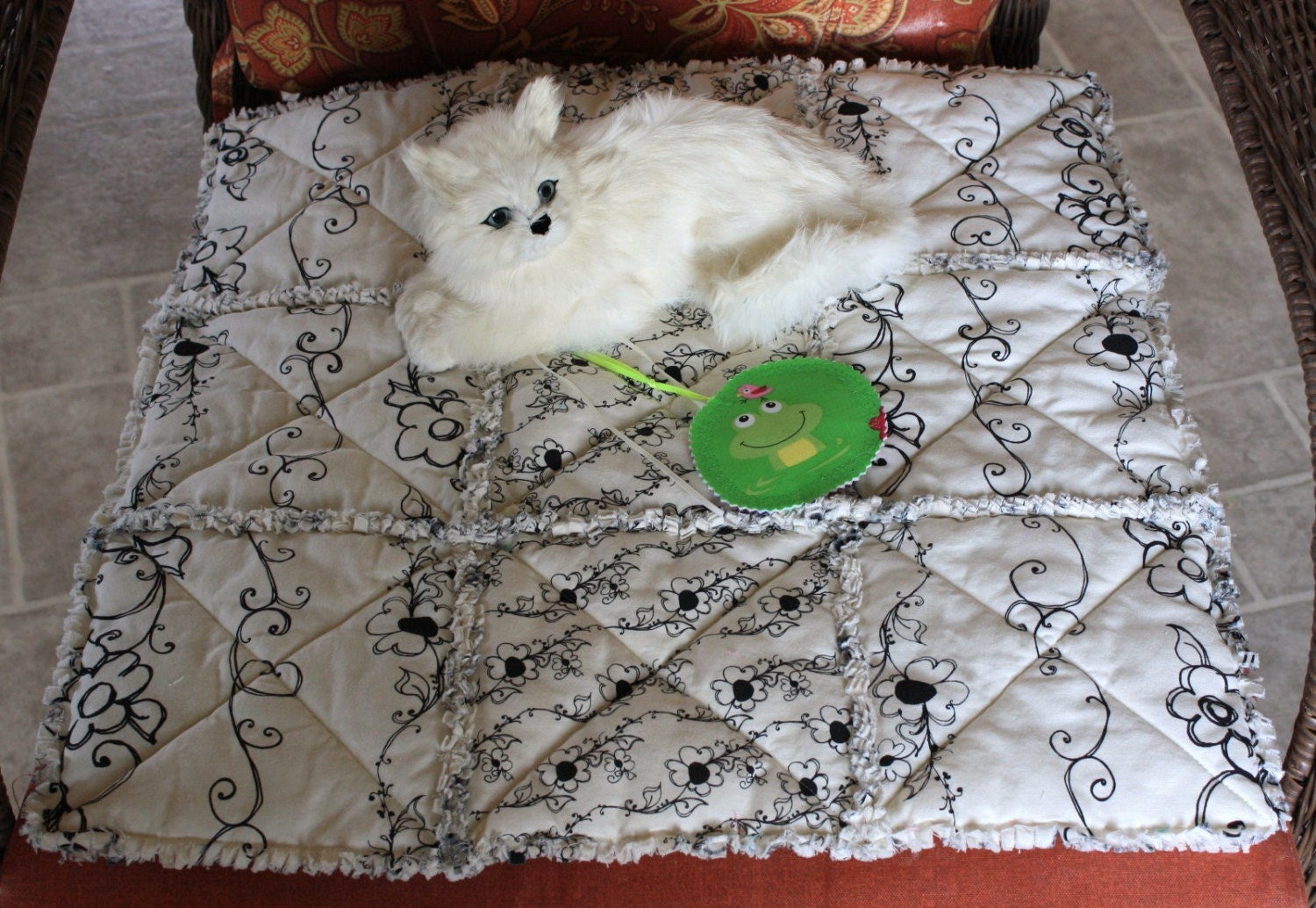 Handmade Pet Blanket With Black Flowers On A Cream Background