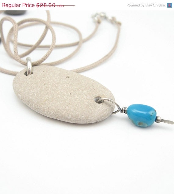 40% OFF Beach Stone Pendant, Turquoise Gemstone, Cotton Necklace, SS Clasp