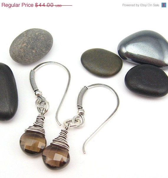 SALE Smoky Quartz Sterling Earrings, Tornado Wrapped, Gemstone Briolettes