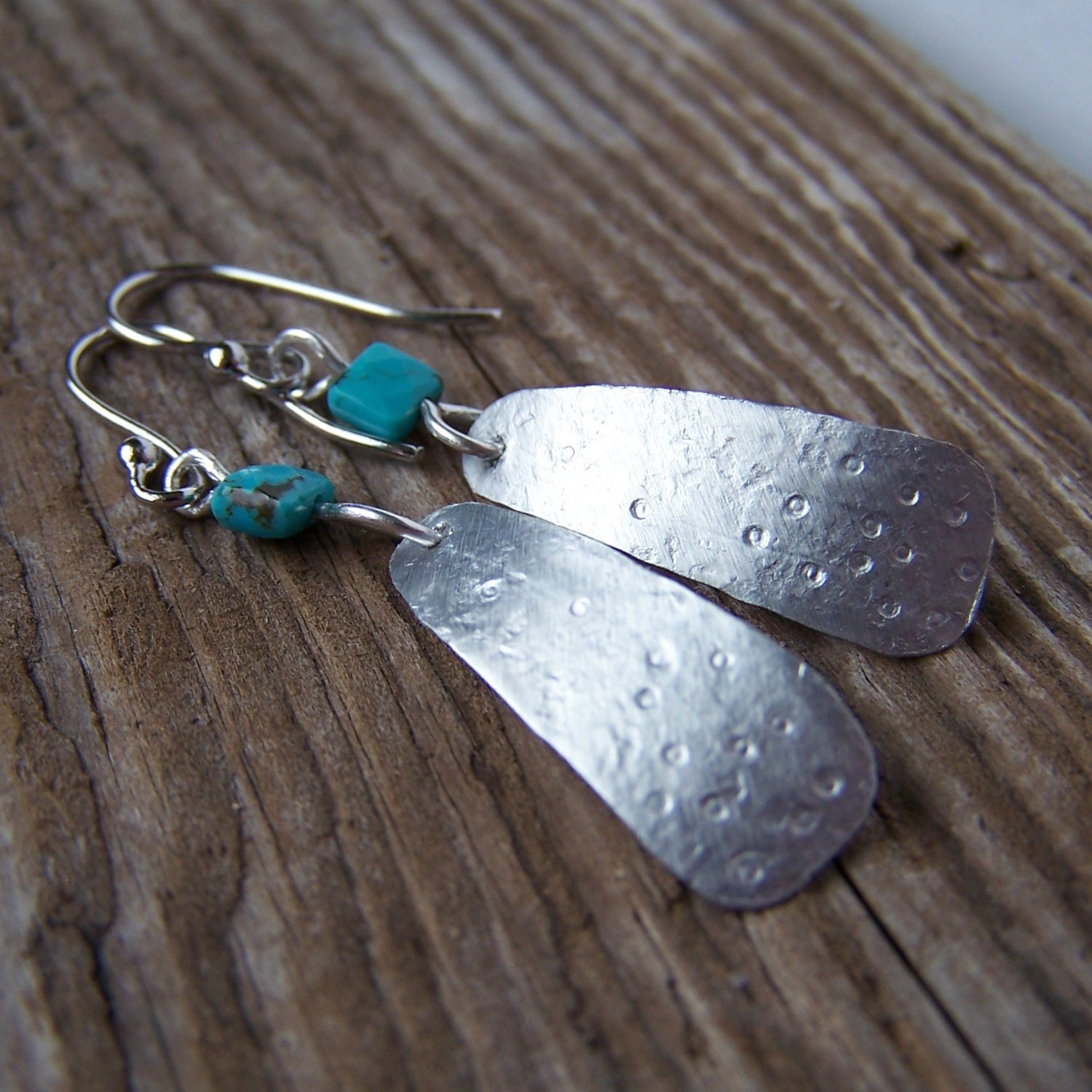 Turquoise and Hand forged aluminum, recycled/upcycled dangle earrings