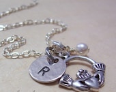 Personalized Claddagh Charm Necklace - Personalized Hand Stamped Jewelry - Birthstone and Initial Disc - Celtic Irish Jewelry