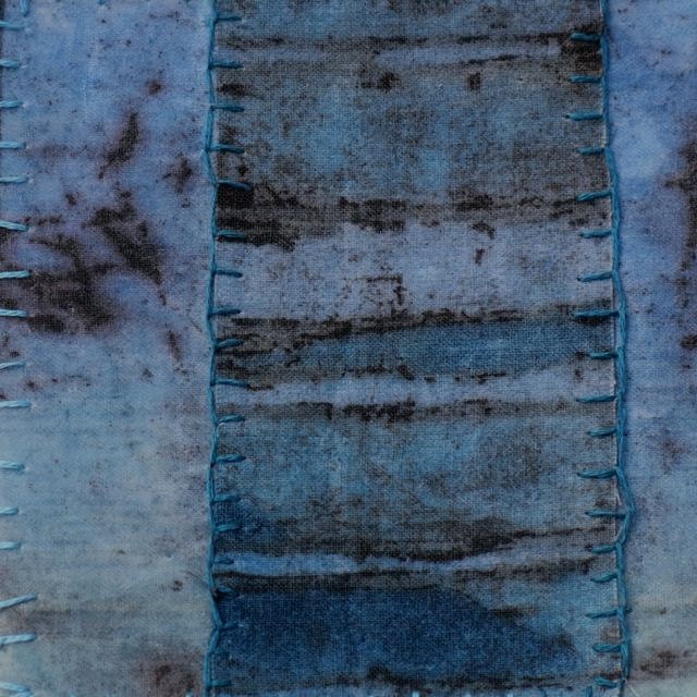 BATIK Fiber art turquoise teal black violet original  appliqued embroidered primitive  abstract wall hangingOOAK