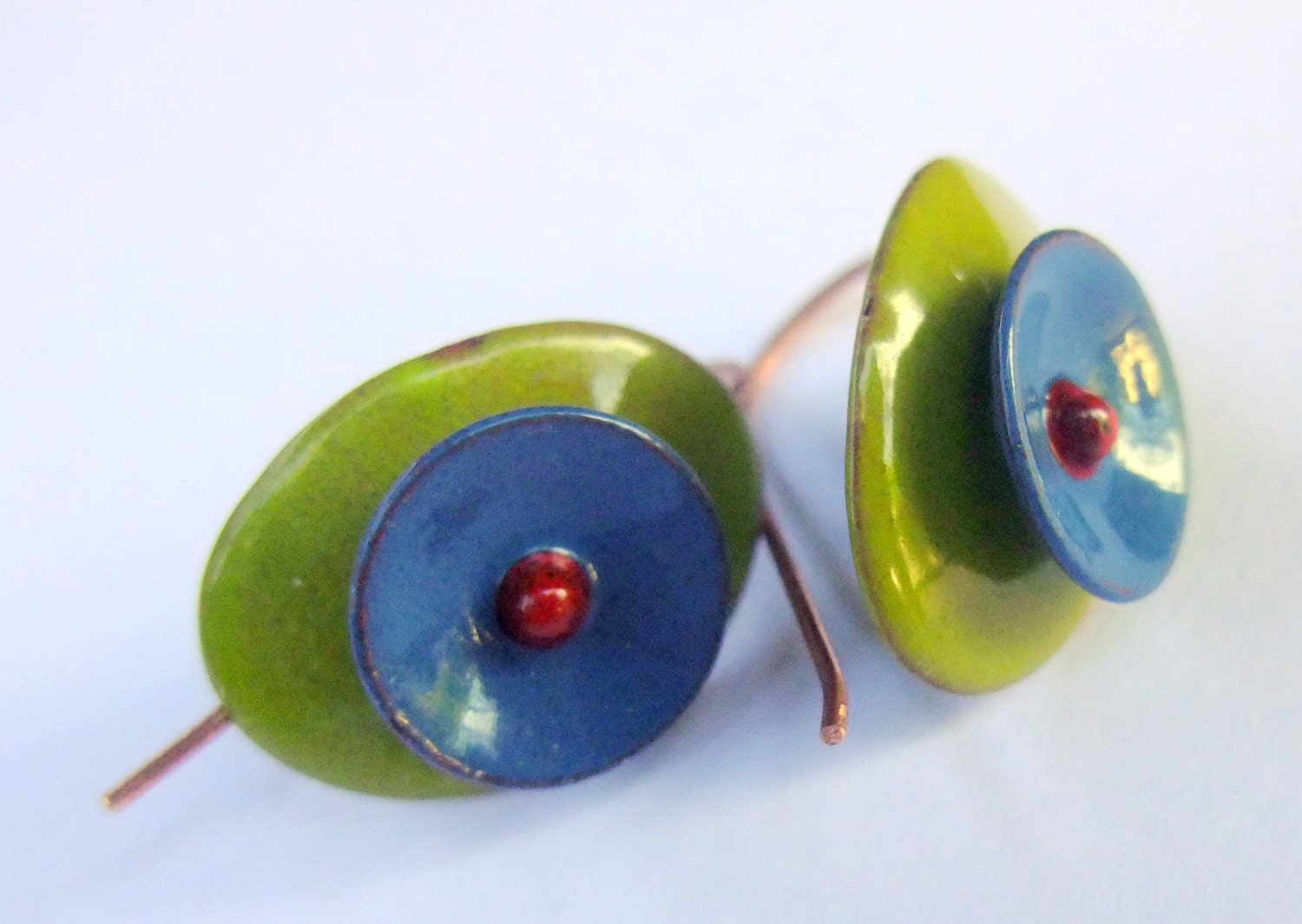 flame and domed enameled earrings - lime green and blue