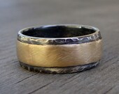 Recycled Oxidized Sterling Silver and 14k Yellow Gold Layered Two-Tone Wide Wedding Band, Affordable and Eco-Friendly, Made to Order