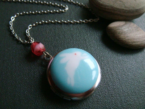 SALE . alice . white rabbit locket necklace