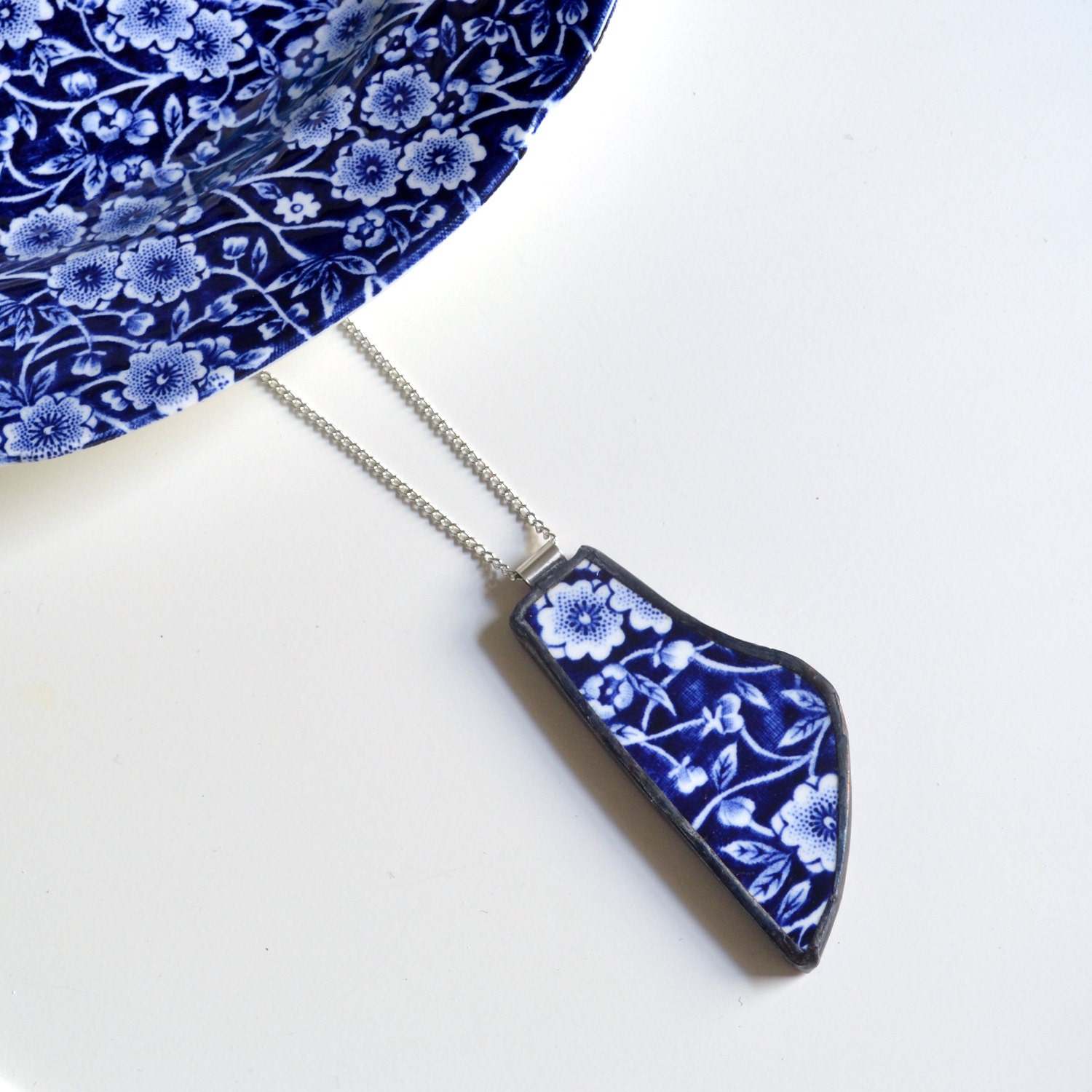 Broken Plate Pendant on Chain - Blue Calico  - Recycled China