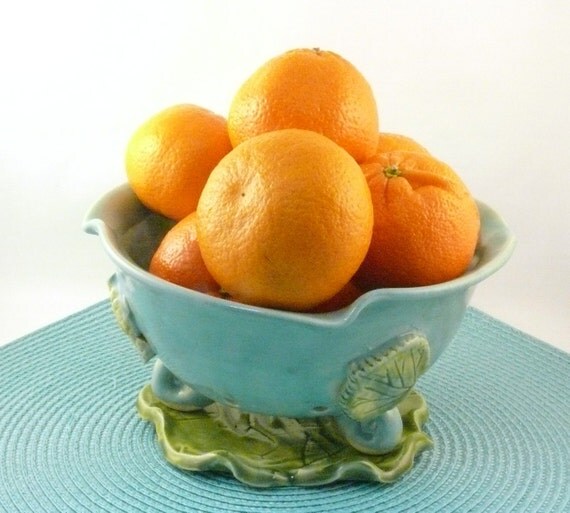 Handmade Blue Ceramic Berry Bowl Colander on Leaf Tray IN STOCK