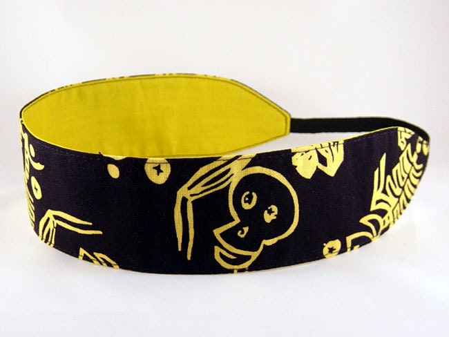 Reversible Headband - Dancing Skeletons - yellow