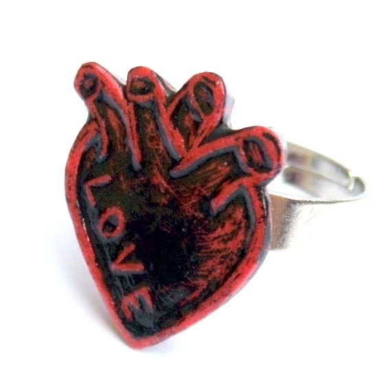 Red and Black Love Anatomical Heart Adjustable Ring - What's in your Heart (Love, Lust or Joy)