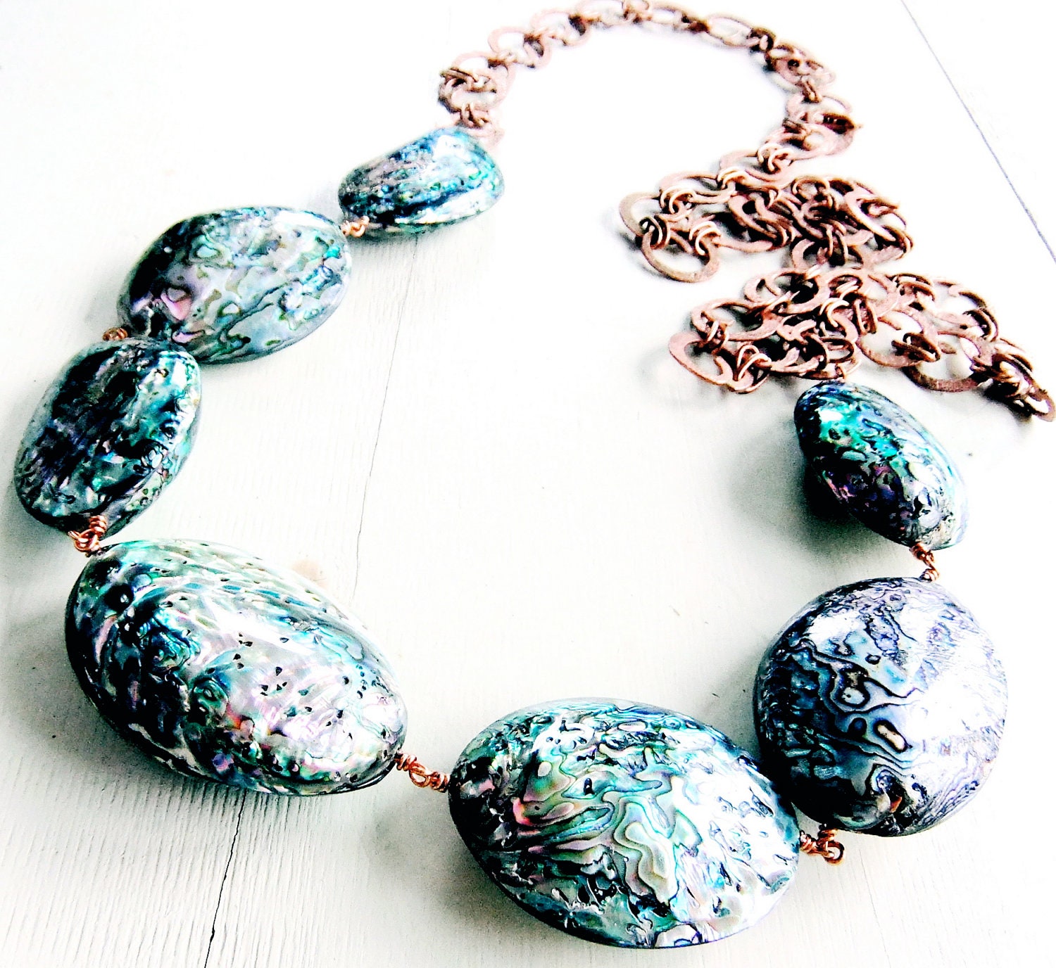 Luminous Peacock Huge Abalone Vintage Copper Chain ROCK CANDY Super Long Statement Necklace