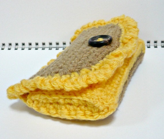 Crochet Purse Clutch Wallet with Compartments Centre Divider Yellow with Brown colors READY MADE