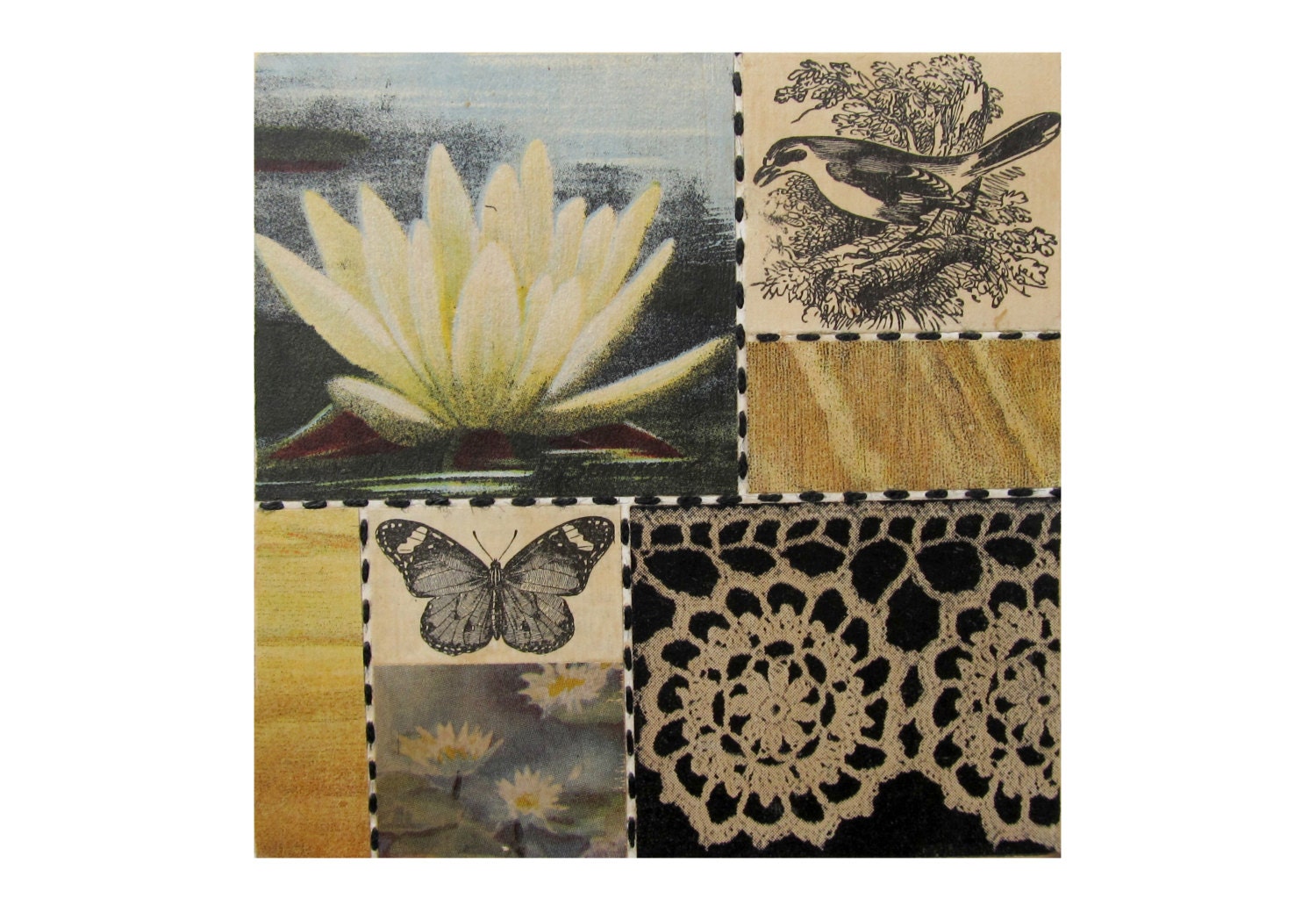 Water Lily, Bricolage no 100 - Original COLLAGE Mixed Media on 4" x 4" Panel