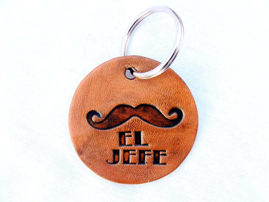 Personalized El Jefe Moustache Leather Embossed Keychain
