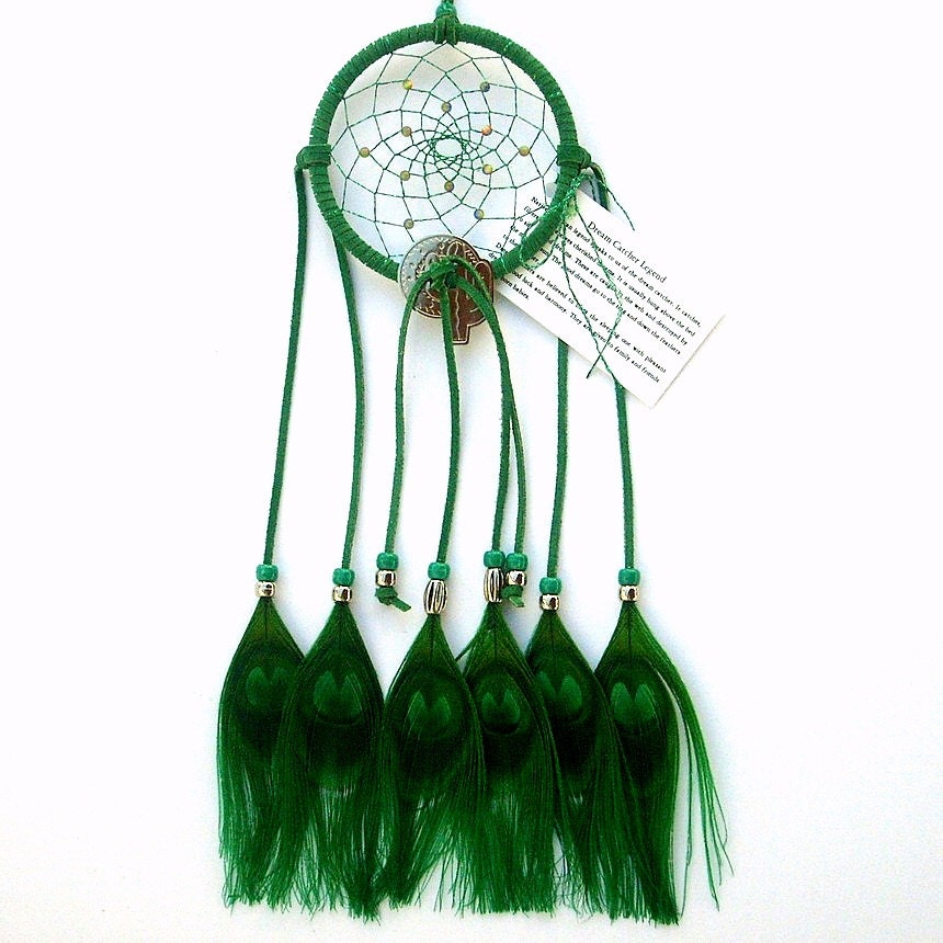 Jade Green Dream Catcher, Peacock Eyes Feathers