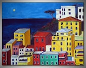 ORIGINAL Landscape Oil Painting PORTOFINO ITALY Art Colorful Seaside Italian Art 36x28 by BenWill
