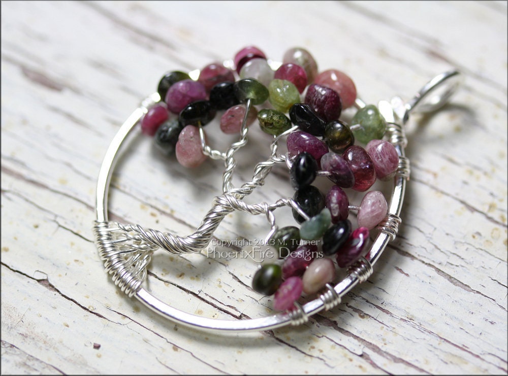 Watermelon Tourmaline Tree of Life Pendant Multi Color Gemstone Wire Wrapped Sterling Silver