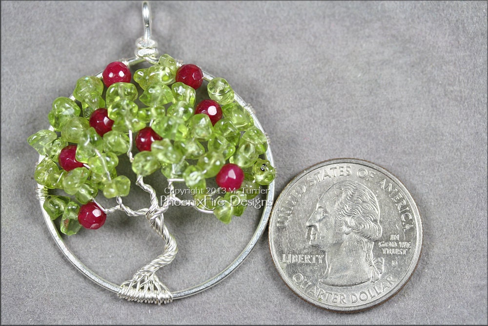 Apple Tree - Tree of Life Pendant with Peridot and Ruby Red Jade Gemstones Wire Wrapped Sterling Silver August Birthstone Teacher Gift