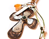 Rustic Copper Cross Necklace with an Aventurine Stone- MIxed Metal Jewelry - Etched Copper and Sterling Cross Pendant