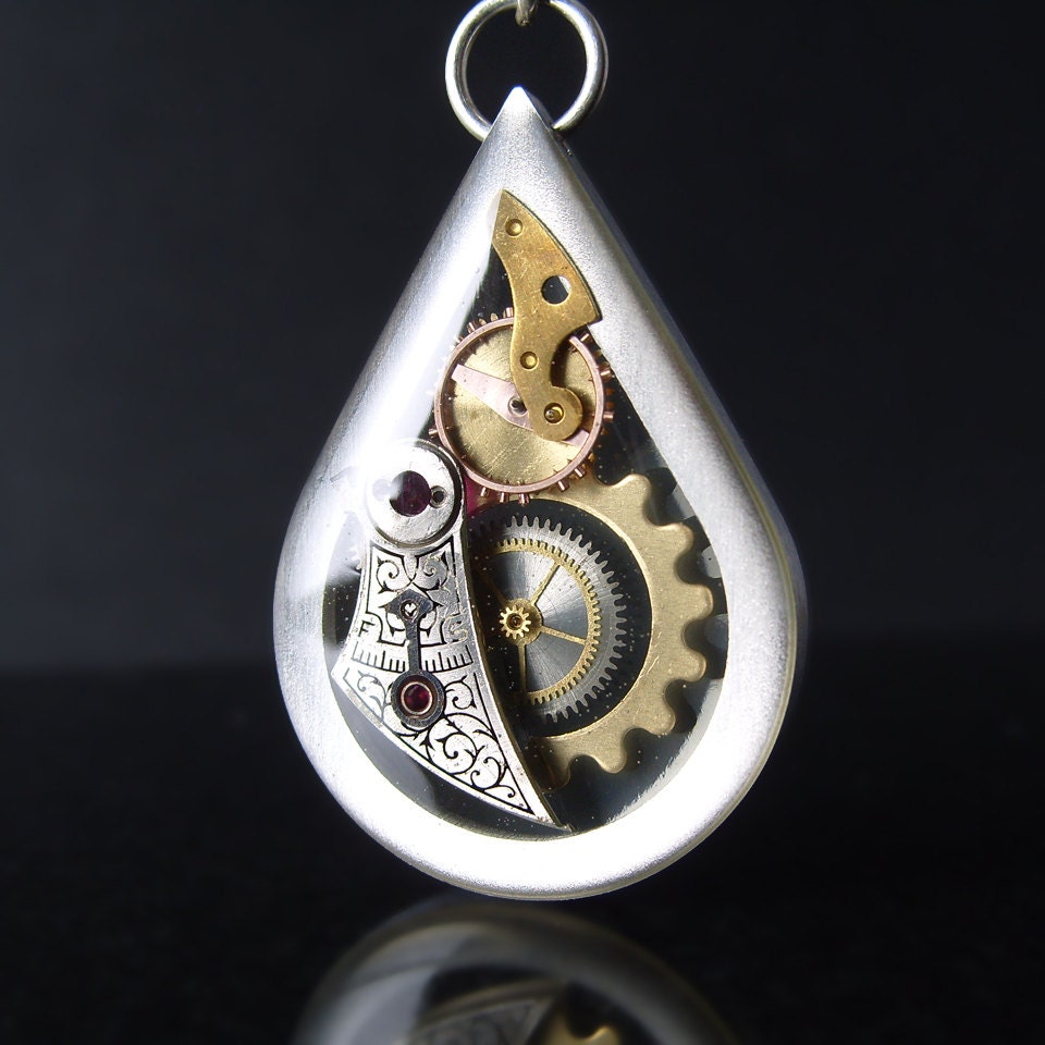 RESERVED Reversible Steam punk necklace, Large mechanical tear drop
