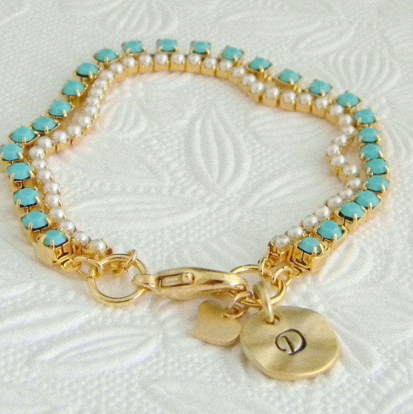 Hand Stamped Initial Swarovski Pearl Turquoise  Heart Charm Bracelet