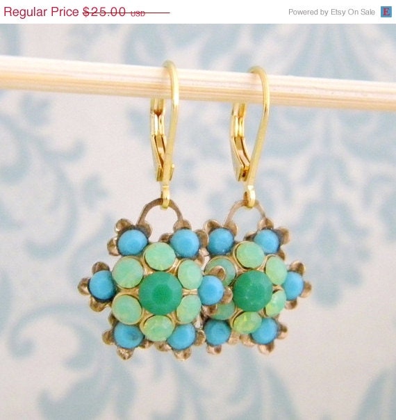 Seafoam Emerald Turquoise Rhinestone Flower Drop  Earrings