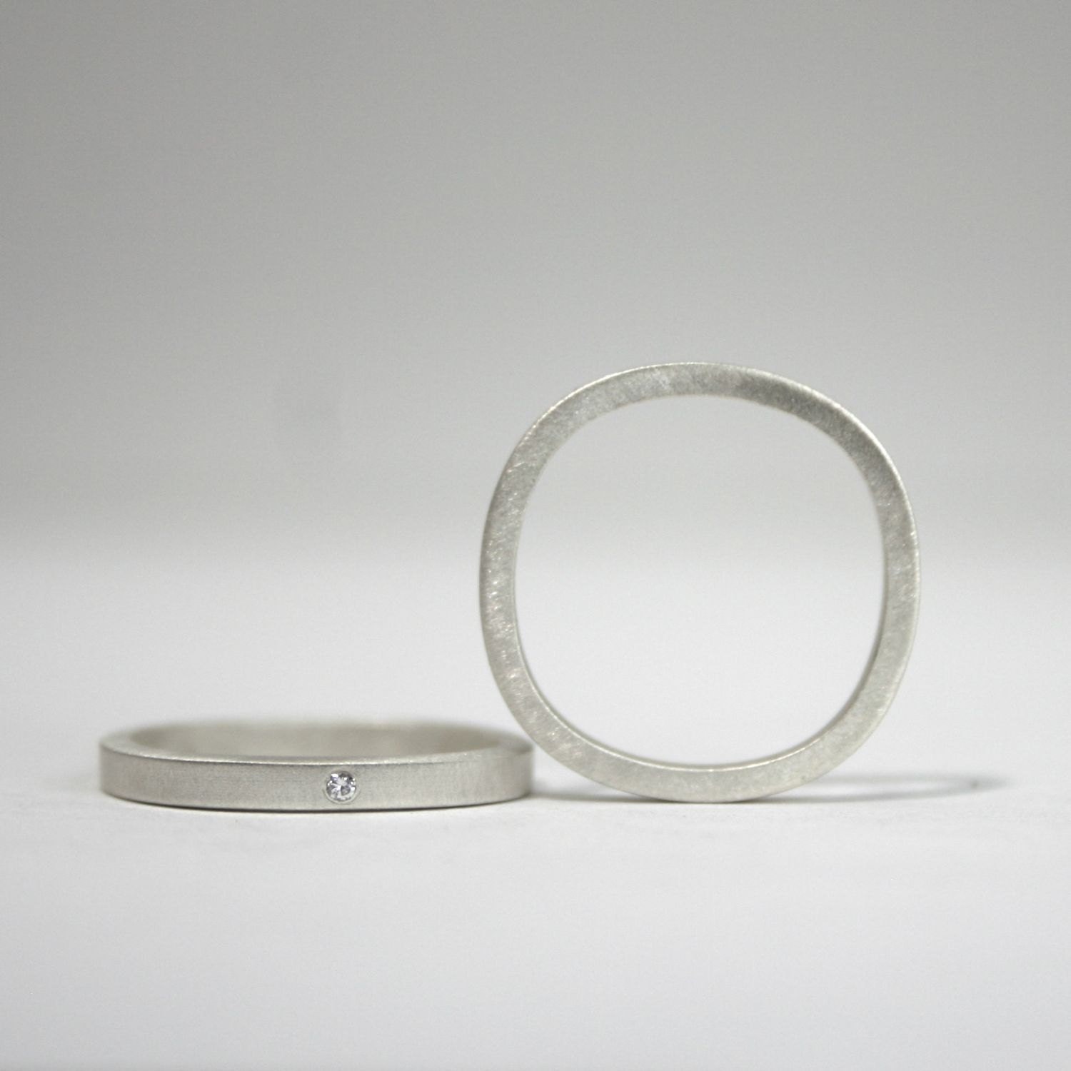 Sterling and Diamond Round Square Shape Ring Set  - Matte Finish  - Modern Tiny Diamond Ring Set - 2 mm