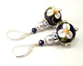 Grape Purple Earrings, Lampwork beaded earrings with crystals and pearls, Concord Grape.