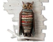 Metal Owl Sculpture, The Path at Night, Colorful Salvaged Metal Assemblage on White Wood Fence, Made to Order