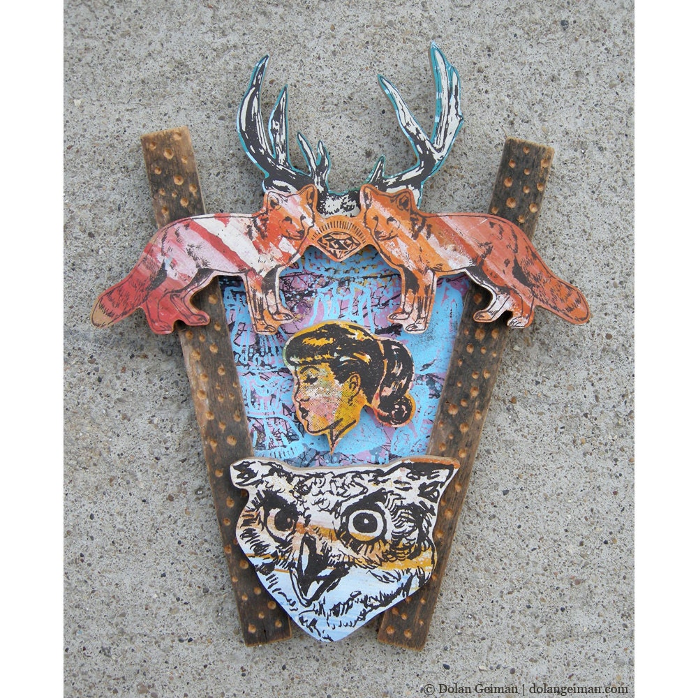 ON SALE Old School Dolan Geiman Original Construction Twin Fox  Owl Antlers Assemblage