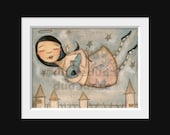 Print of my original folk art,  mixed media painting -  L'ange et le Chien Bleu    angel, dog