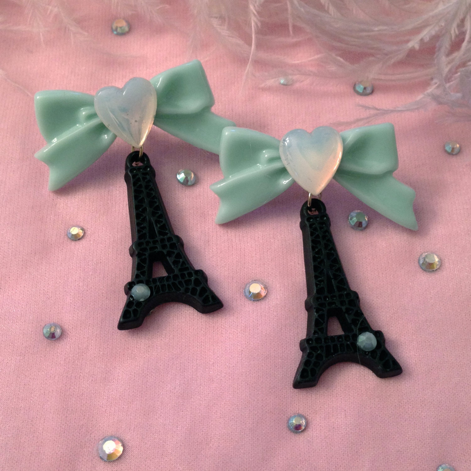 Mint and Black Eiffel Tower Earrings