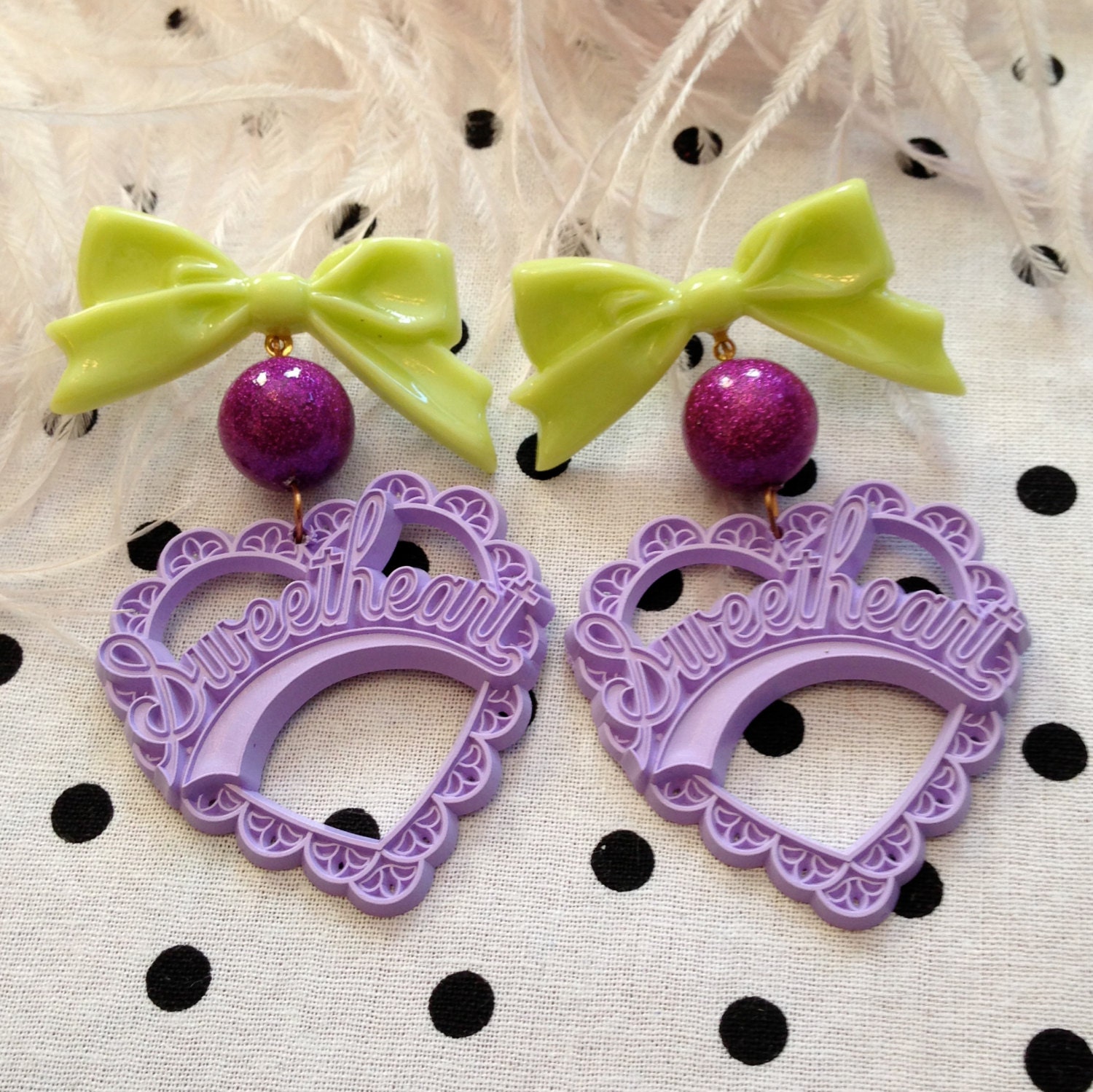 Chartruese, Glittery Plum, and Lilac Sweetheart Earrings