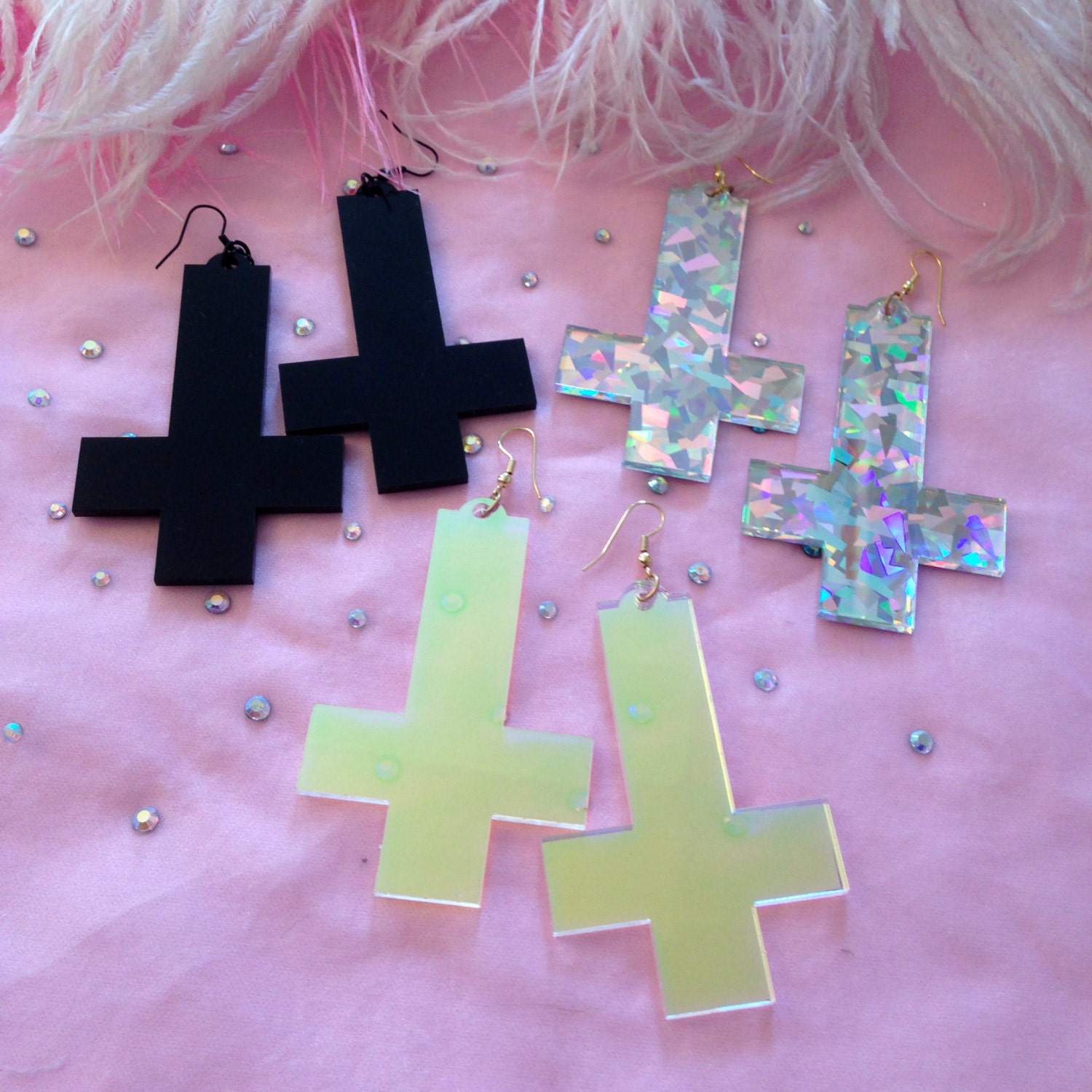 Acrylic Inverted Cross Earrings in Black, Rainbow Confetti, or Radiant
