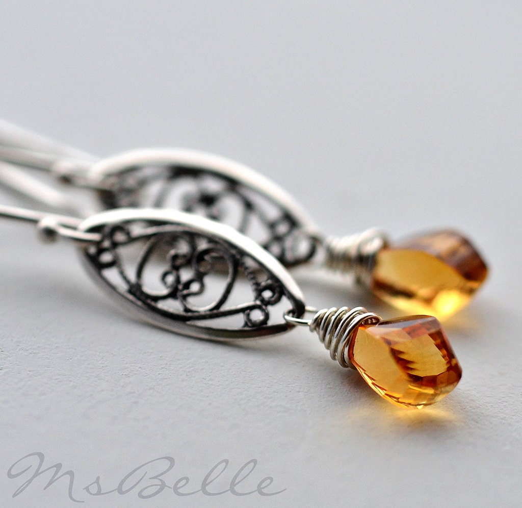 Citrine Twisted Spiral Briolette & Filigree Dangle Earrings in Sterling Silver - Golden Citrine Filigree Gemstone Jewelry
