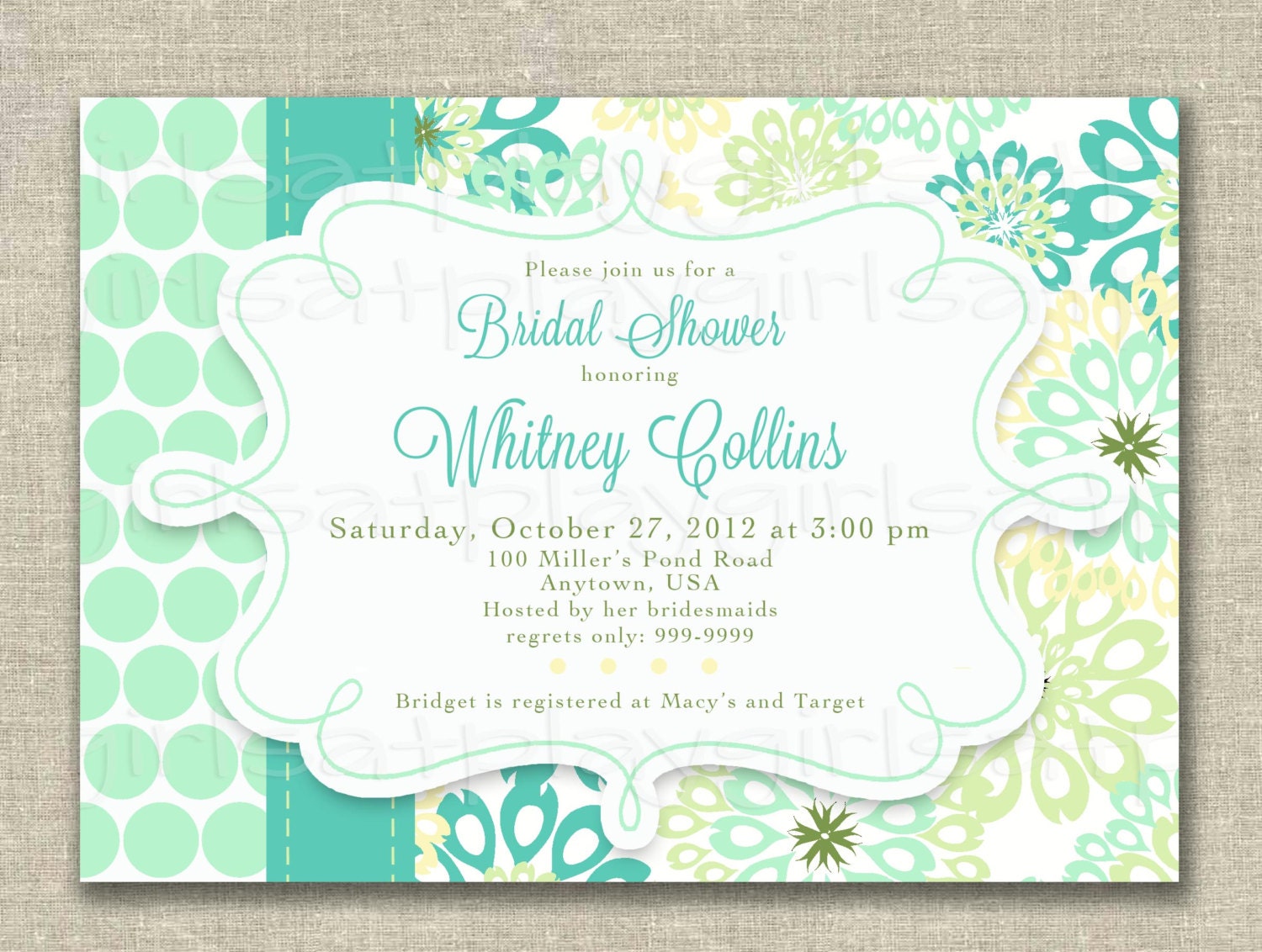 Spring Flower Bridal Shower Invitation Mint Ice Dots Digital by girlsatplay Etsy girls at play Il_170x135
