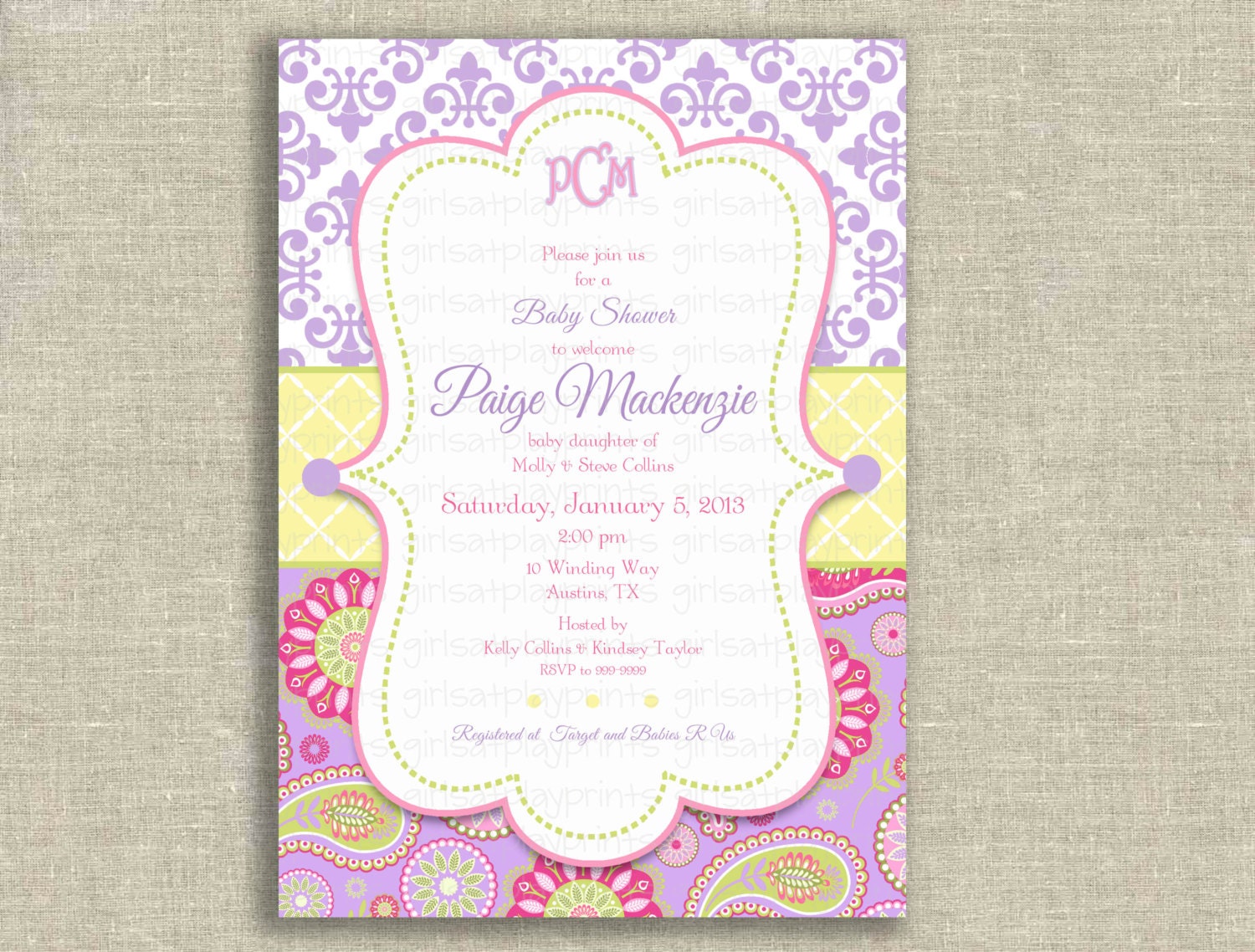Baby Girl Shower Invitation Invite French Paisley Damask Purple Lilac Pink- Printable DIGITAL - by girls at play girlsatplay Il_170x135