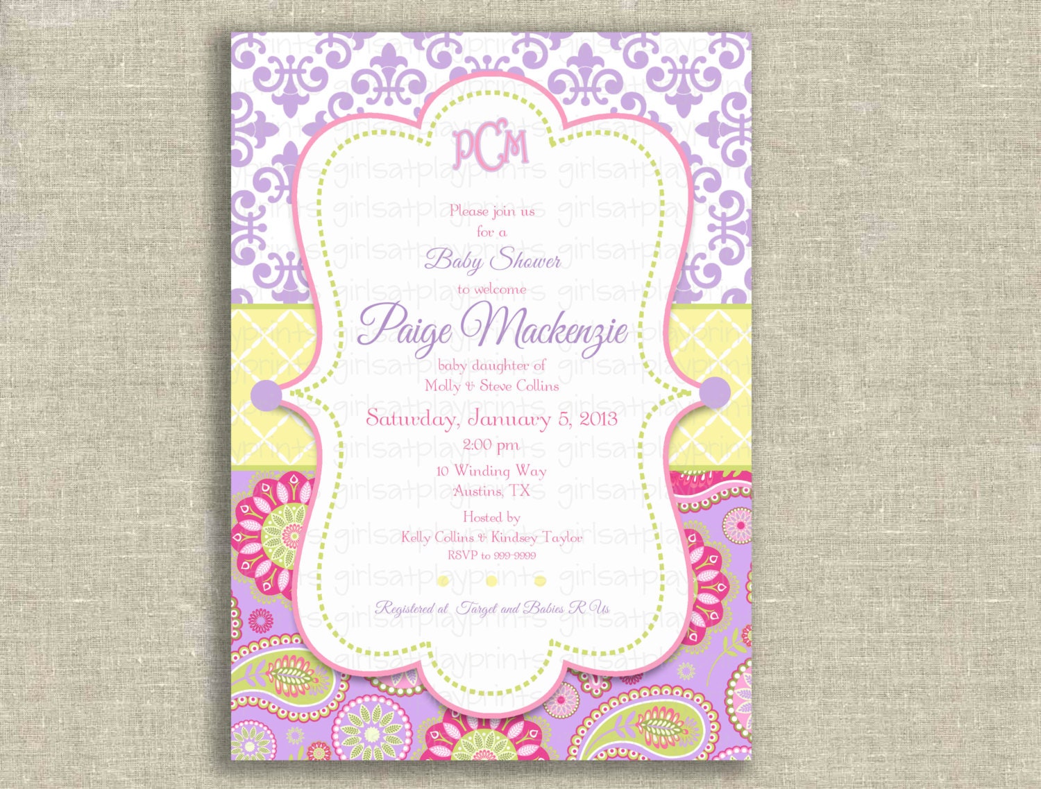Baby Girl Shower Invitation Invite French Paisley Damask Purple Lilac ...