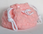 Drawstring Bag, Coral Pink and White Girls Purse Handknitted Classic