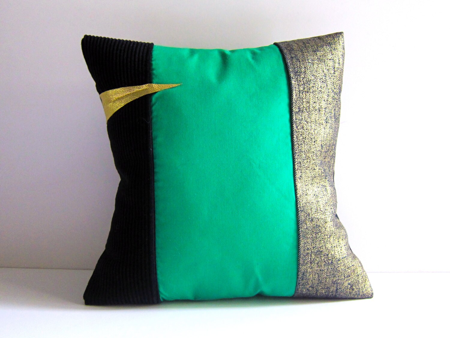 Pillow emerald green cushion colour block black gold by memake