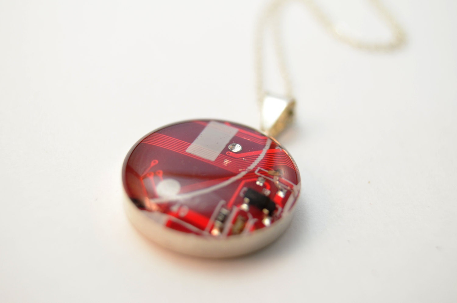Circuit Board Necklace Sterling Silver Red Mothers Day Gift