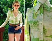 Lady ARROW 1970's Vintage Light Green POLO Equestrian Polyester Button Down Disco Shirt size Small