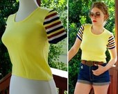 Springtime 1970's Vintage Sunshine Yellow Striped Navy and Brown Acrylic Knit Sweater Shirt size Small Medium