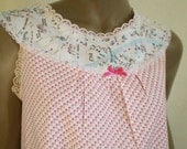 Paris Map Nightgown Pink And White Tulip Print Pretty Pastel Retro Nightie Handmade Cotton Sleepwear  Small To Medium