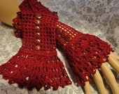 Burgundy Red Scarlet  Fine Crochet Gothic Vampire Steampunk Victorian Noir Wedding Mourning Cotton Wrist Cuffs