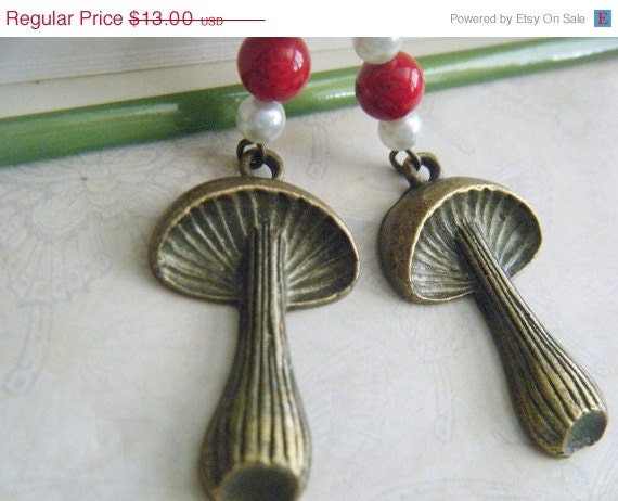 SUMMER SALE Beaded Brass Mushroom Earrings, Toadstool, Boho, Amanita, Red, Whimsical