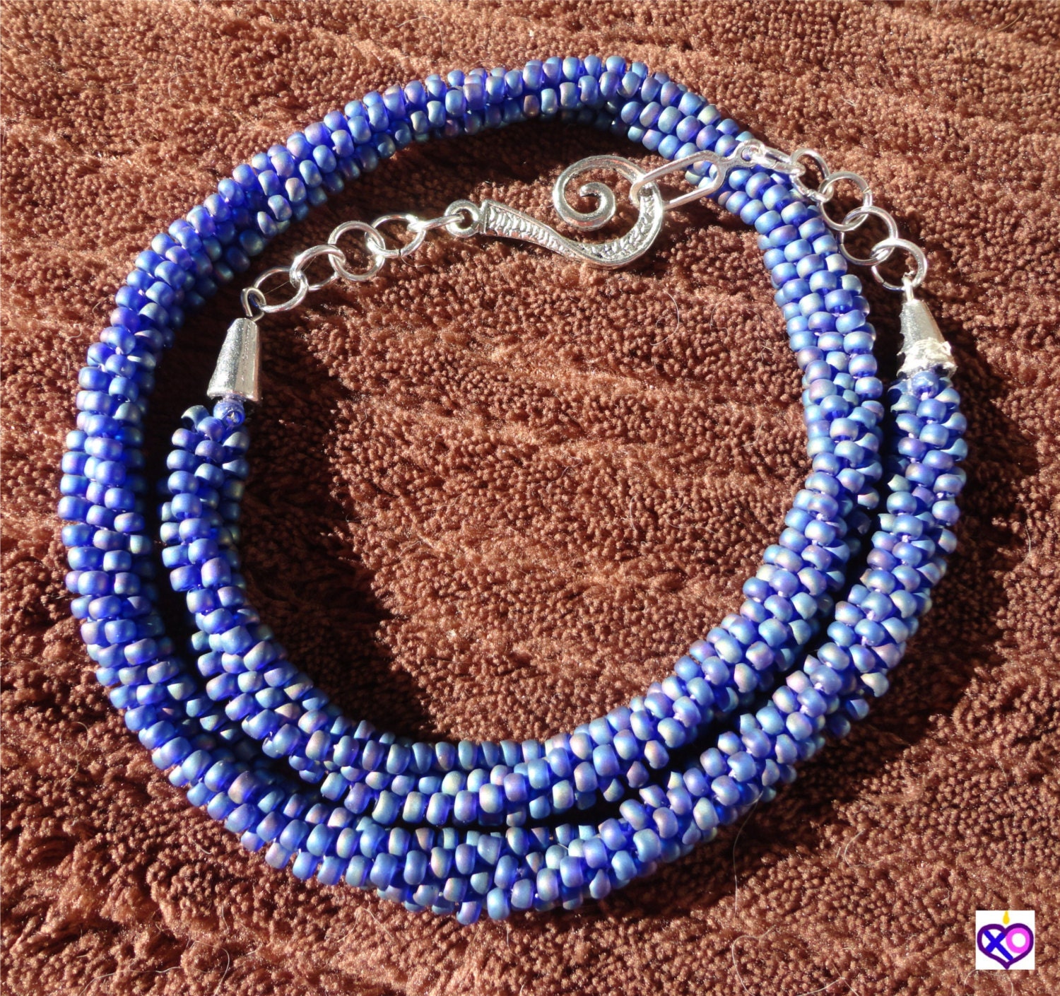 Blue Iris Glass Seed Bead Kumihimo Braided Beaded Necklace by XOCC