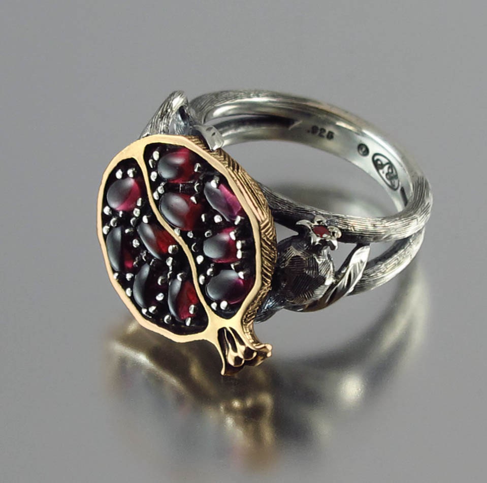POMEGRANATE garnet bronze and silver ring