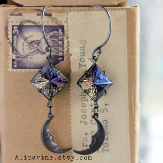 The Moon - Vintage Crystal and black brass earrings
