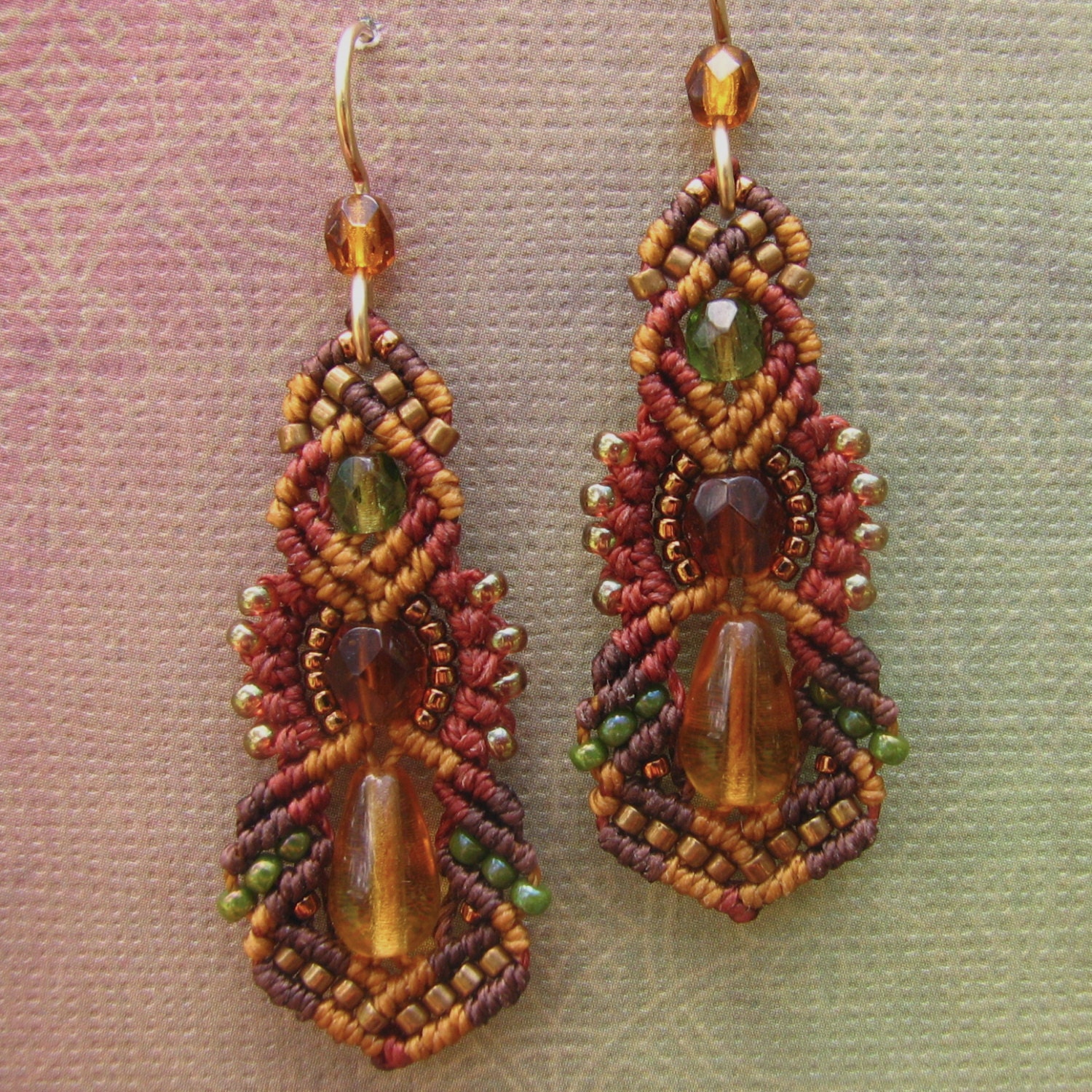 Micro Macrame Earrings - Earth tones, Beaded Earrings- Kera style